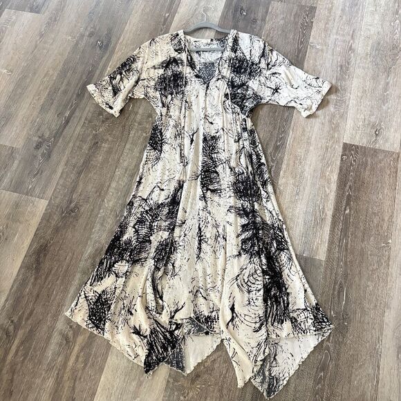 En Créme V Neck Splatter Print Shark Bite Dress Size Small Boho Funky Y2K Size S - Picture 6 of 14